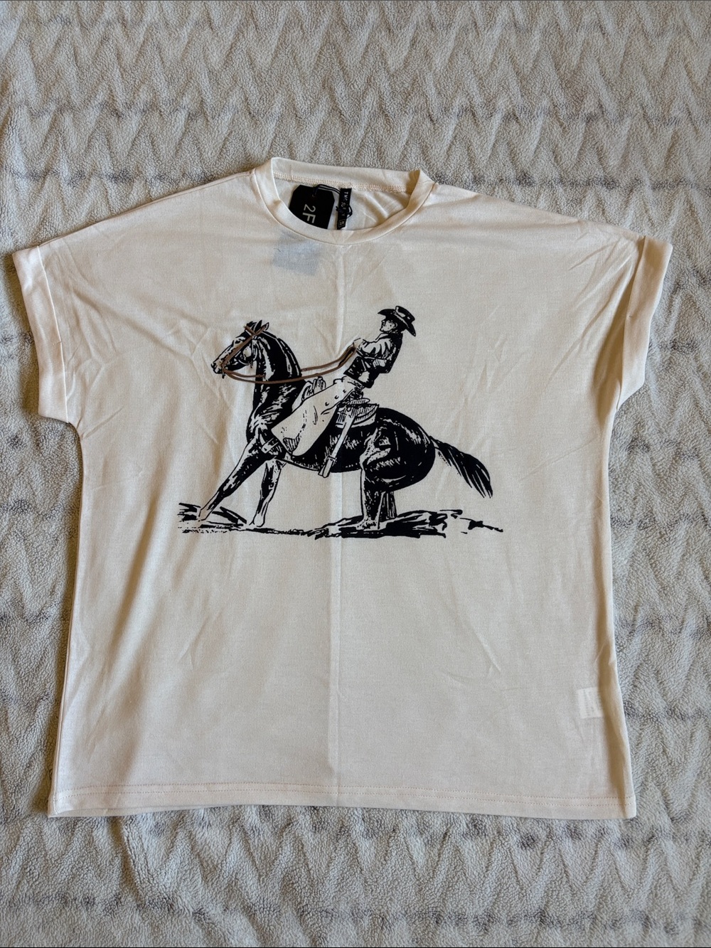 Short-Sleeve White Tee with Black Cowboy Horse Graphic